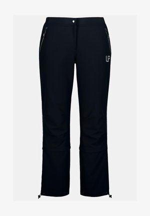 Pantalones negros de exterior, hechos de tela flexible, que cuentan con bolsillos laterales con cremallera y puños ajustables con toggle para un ajuste personalizable.