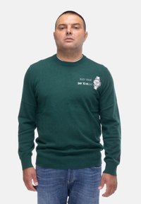 Maglione verde a maniche lunghe con collo a giro. Presenta il testo ricamato "IMPEGNATO DAL GIORNO ALLA NOTTE" e una grafica di un orologio sul lato sinistro. Texture morbida.