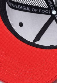 Red cap with a structured front, mesh back, and black trim. Inside features a white lining with "EUROPEAN LEAGUE OF FOOTBALL" printed in black.