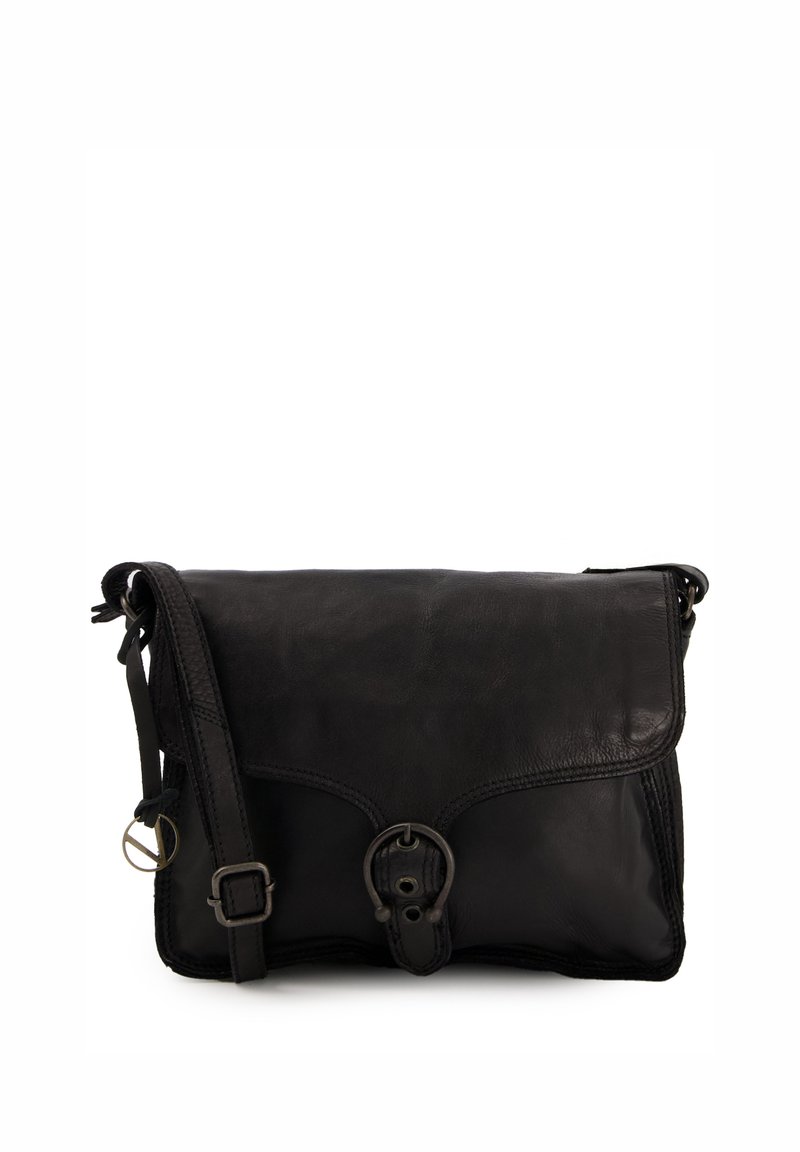 Sac messager en cuir noir avec un design plat, fermeture en métal arrondi, bandoulière réglable et coutures visibles.