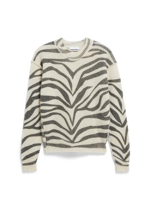 Pull créme avec de larges rayures zèbre gris foncé, col rond côtelé et manches longues. Texture douce, coupe légèrement courte avec fentes sur les côtés.