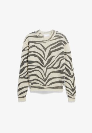 Pull créme avec de larges rayures zèbre gris foncé, col rond côtelé et manches longues. Texture douce, coupe légèrement courte avec fentes sur les côtés.