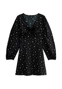 Zwarte jurk met lange pofmouwen, met een strikdetail bij de hals. Versierd met een wit sterrenpatroon over de hele jurk.