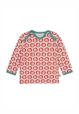 Rotes Langarmhemd mit einem Löwenprint in Weiß und Orange, mit einem türkisfarbenen Halsausschnitt und Bündchen. Hergestellt aus weichem, leichtem Stoff.