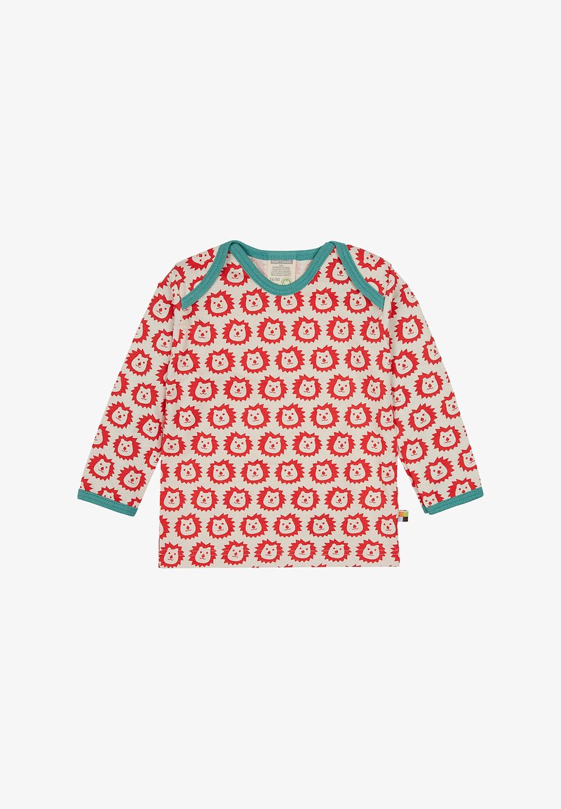 Rotes Langarmhemd mit einem Löwenprint in Weiß und Orange, mit einem türkisfarbenen Halsausschnitt und Bündchen. Hergestellt aus weichem, leichtem Stoff.