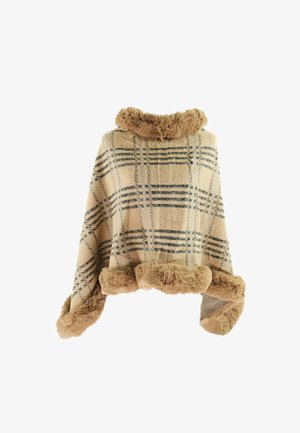 Poncho beige con un motivo a scacchi in tonalità più scure, con un bordo in pelliccia lungo il colletto e il bordo inferiore. Tessuto morbido e testurizzato.