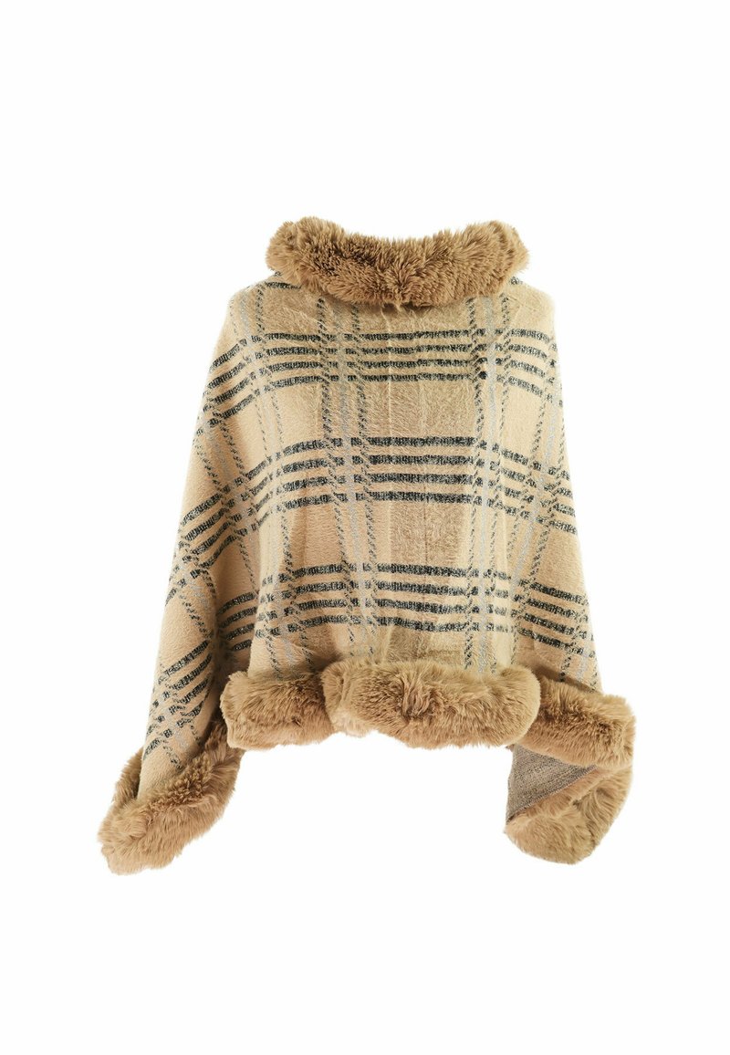 Poncho beige con un motivo a scacchi in tonalità più scure, con un bordo in pelliccia lungo il colletto e il bordo inferiore. Tessuto morbido e testurizzato.