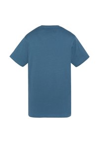 T-shirt en coton bleu avec des manches courtes, col rond et une texture lisse. Dos uni sans graphiques ni motifs.