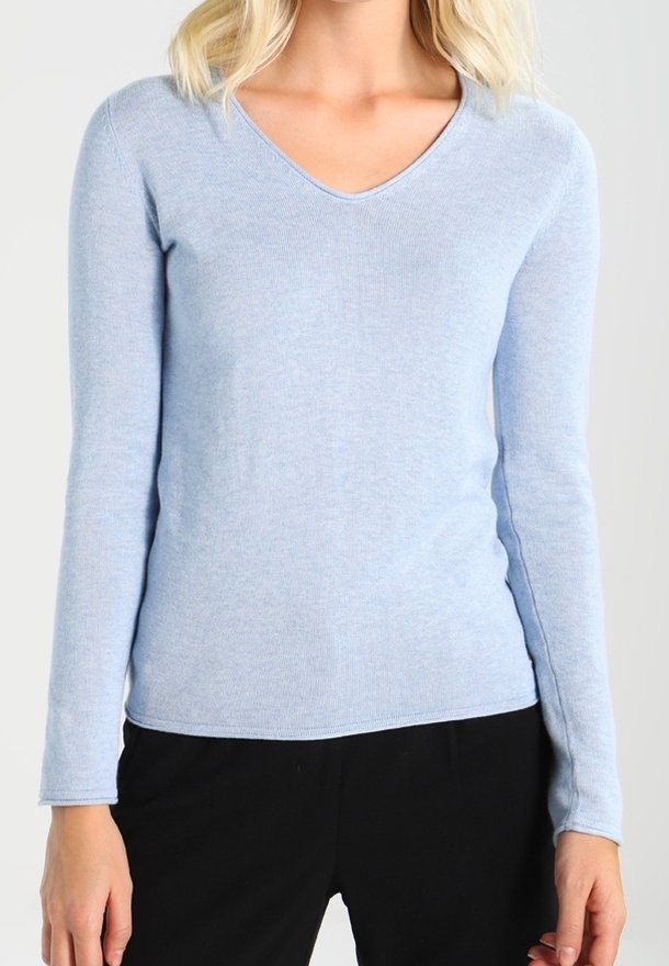 Femme portant un pull bleu clair à manches longues avec col en V et un pantalon noir, montrée des épaules aux hanches sur un fond uni.