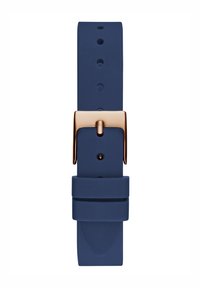 Blauwe siliconen horlogeband met een metalen gesp in goudkleur, voorzien van meerdere verstelgaatjes en een gladde, matte afwerking.