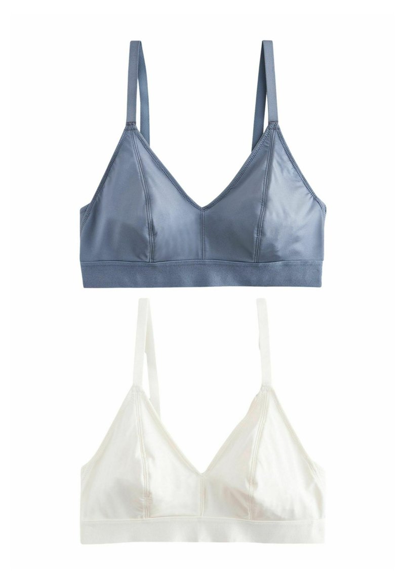 Two bralettes: one dark blue satin with adjustable straps, the other white cotton with a smooth texture and triangular cups.