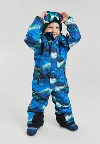 Bright blue winter snowsuit featuring a geometric pattern with blue, green, and white accents. Includes a high collar and zippered pockets.