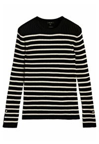 Zwart-wit gestreepte trui met lange mouwen, geribbelde textuur, ronde halslijn en knoopaccenten op de mouwmanchetten.