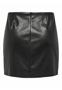 Svart skinn miniskjørt med glatt tekstur, tettsittende design og glidelås bak i midten. Ingen ekstra dekorasjoner.
