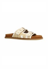 Geweven stro sandalen met twee verstelbare banden, versierd met witte bloemaccenten, met een tan suede voetbed en rubberen zool.