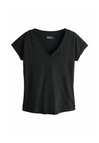 Mustast puuvillast T-särk V-kaelusega, lühikeste varrukatega ja lõdva lõikega. Lihtne disain ilma mustrite või kaunistusteta.