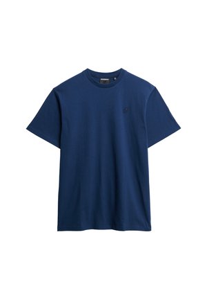 Navy blue cotton t-shirt with short sleeves, round neckline, and a small logo printed on the chest. Soft texture and relaxed fit.