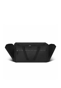 Borsa duffel nera con manici superiori doppi, chiusura con zip, accento con logo e tasche laterali. Realizzata in tessuto resistente con una texture liscia.