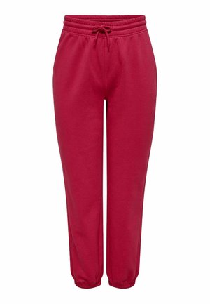 Pantaloni della tuta rossi realizzati in materiale misto cotone, con vita elasticizzata e cordino, orli affusolati e una superficie liscia.