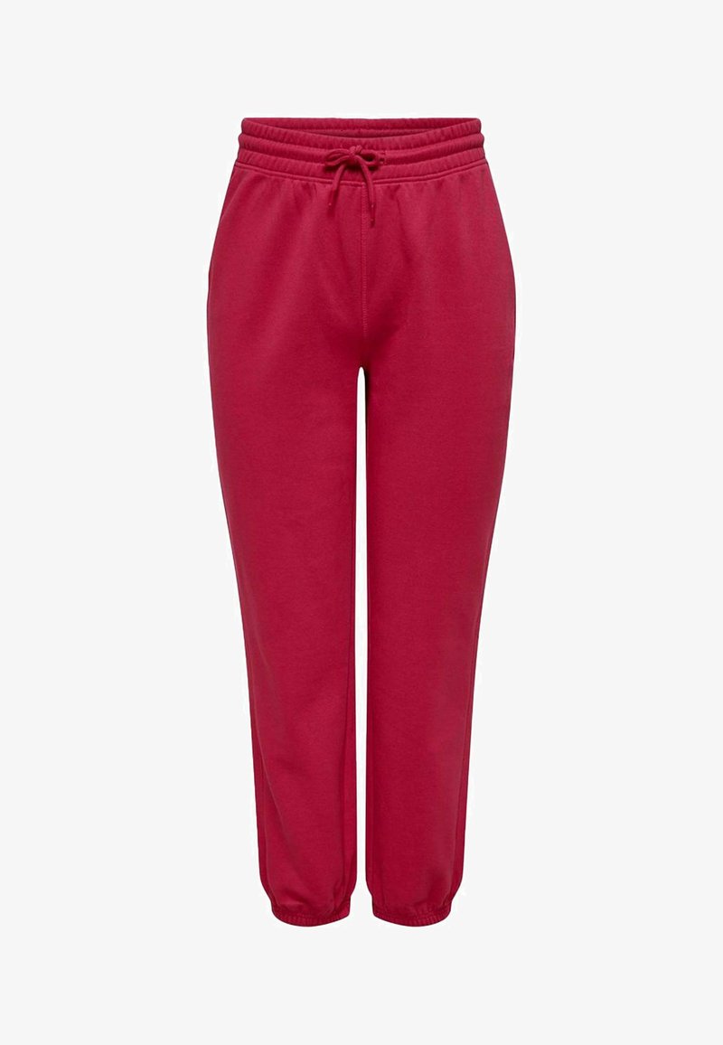 Pantaloni della tuta rossi realizzati in materiale misto cotone, con vita elasticizzata e cordino, orli affusolati e una superficie liscia.