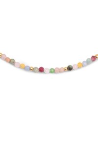 Colorful beaded necklace featuring faceted pastel and opaque beads in pink, green, blue, yellow, and gold accents.