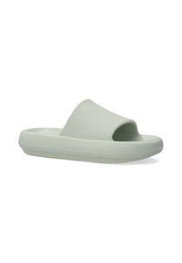 Light green rubber slide sandal with a wide open toe, textured upper, and a flat, ridged sole. Simple design with no additional accents.
