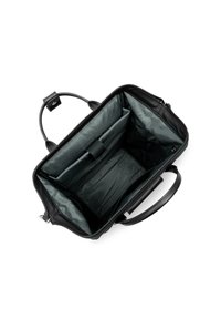 Borsa in pelle nera con doppi manici, dotata di un interno in tessuto verde scuro, numerosi scomparti e una texture liscia.