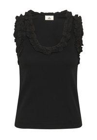 Black tank top made of ribbed fabric, featuring ruffled accents along the neckline and shoulders. Rounded neckline, fitted shape.