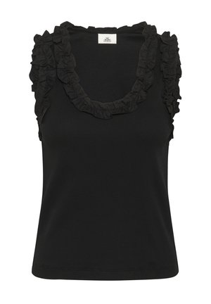 Crna majica bez rukava od rebraste tkanine, s volanima uz dekolte i ramena. Zaobljeni dekolte, uski kroj.