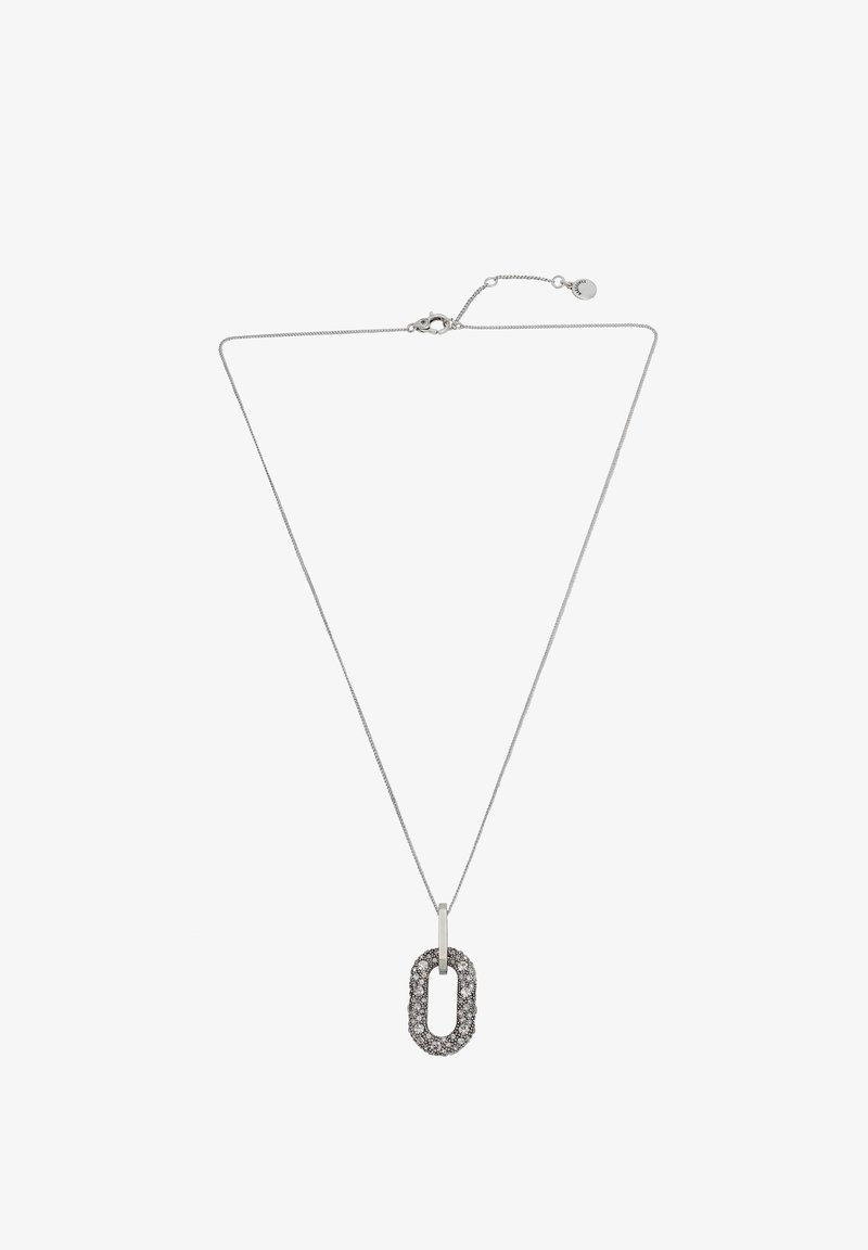 Metal necklace with a silver chain and an oval pendant. The pendant features a textured surface adorned with small clear stones.