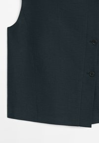 Dark gray tailored vest with two visible buttons and clean seam lines on a white background.