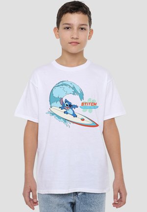 White cotton t-shirt featuring a blue cartoon character on a surfboard, surrounded by a stylized wave, with red and blue accents.