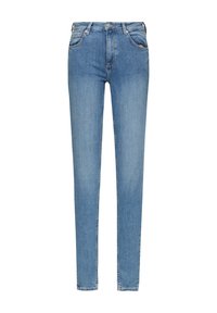 Vaaleansiniset slim fit -farkut, jotka on valmistettu denimestä, ja niissä on klassinen viiden taskun suunnittelu sekä vetoketjulla ja nappisuljenta.