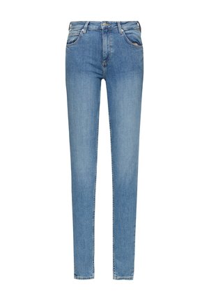 Jean skinny bleu clair en denim, avec un design classique à cinq poches et une fermeture éclair avec un bouton.