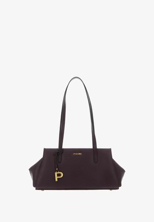 Purple leather handbag with two long handles, featuring a gold logo and hardware, rectangular shape, and textured surface.