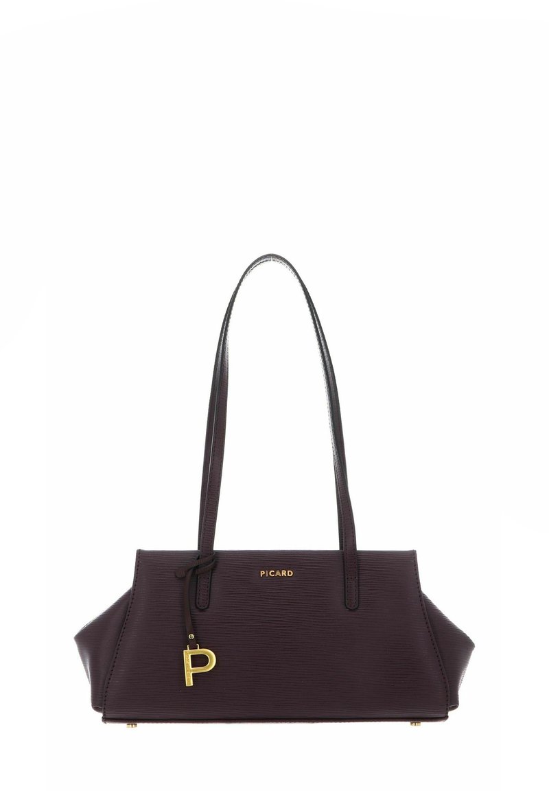 Sac à main en cuir violet avec deux longues poignées, arborant un logo et des accessoires dorés, forme rectangulaire et surface texturée.