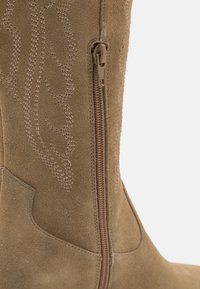 Beige Wildlederkniehohe Stiefel mit dekorativen Nähten, einem seitlichen Reißverschluss und einer glatten Textur. Akzentuiert mit einem geschwungenen Design.