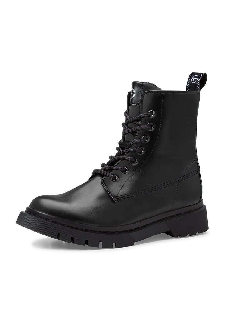 Bottines en cuir noir avec un bout rond, un laçage sur l'avant et une semelle en caoutchouc durable. Comprend une languette à l'arrière pour un enfilage facile.
