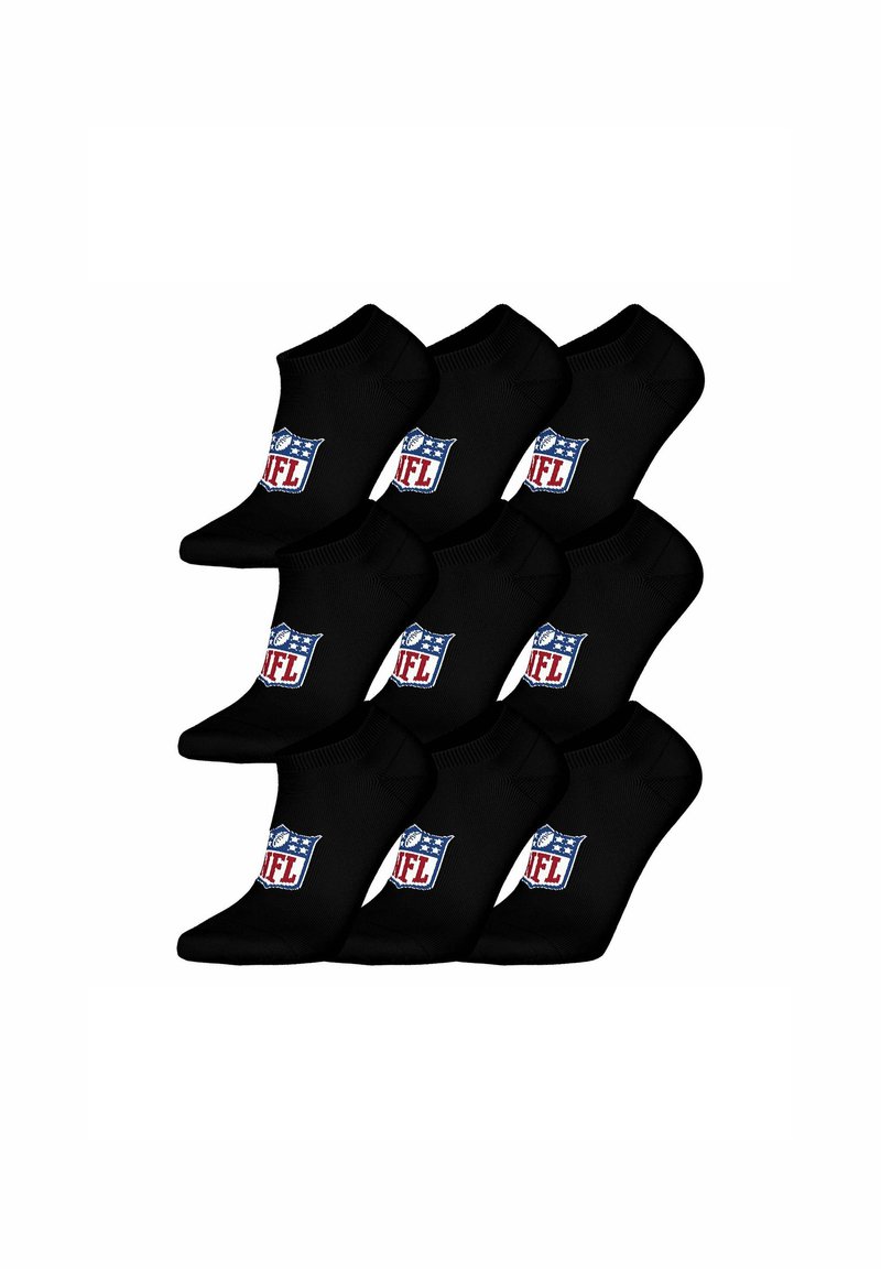 Ni par sorte ankelstrømper arrangeret i et 3x3 gitter, hver med NFL-logoet i rødt, hvidt og blåt på siden.