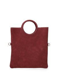 Borsa in pelle scamosciata bordeaux con manico arrotondato, forma rettangolare, lati piatti e dettagli in metallo argentato sui lati. Design semplice.