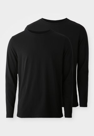 Schwarze langärmlige T-Shirts mit einem Rundhalsausschnitt. Hergestellt aus glattem Stoff mit einer einheitlichen Textur und ohne sichtbare Muster oder Akzente.