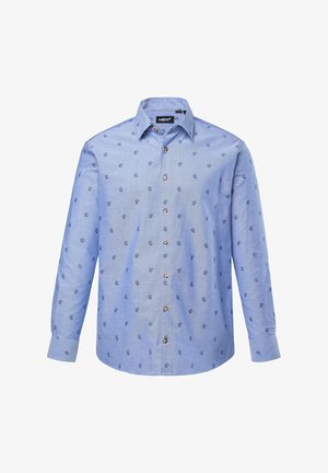 Světle modrá košile s dlouhým rukávem z bavlněné směsi, se zdobným tmavým květinovým vzorem a hnědými knoflíky vpředu. Standardní límec.