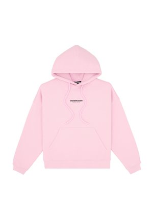 Light pink hoodie with a front pocket, drawstring hood, and minimalistic black logo on the chest. Soft fabric, relaxed fit.