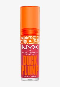 NYX Professional Makeup läppfyller i en klar flaska med orange kork. Ljusrosa vätska, djärv text, 0,22 fl. oz./6,8 mL.