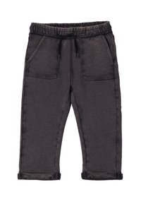 Pantalons gris foncé pour tout-petits avec taille élastique, poches avant, cordon noir et ourlets retroussés sur fond blanc.