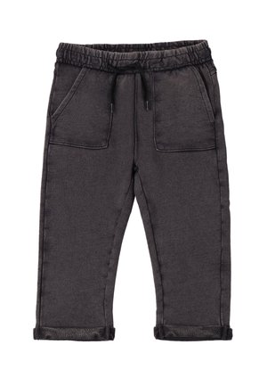 Pantaloni per bambini di colore grigio scuro con vita elastica, tasche anteriori, cordino nero e orli a costina su uno sfondo bianco.