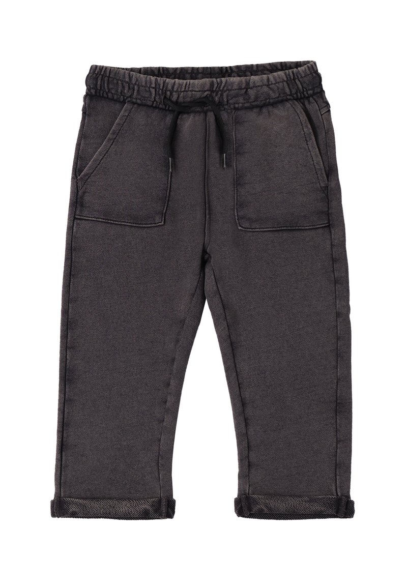 Pantalons gris foncé pour tout-petits avec taille élastique, poches avant, cordon noir et ourlets retroussés sur fond blanc.