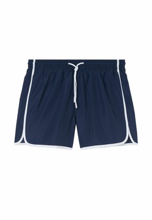Navy blue swim shorts with white trim, elastic waistband, and drawstring. Features side slits for ease of movement, made from lightweight fabric.