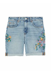 Shorts in denim blu medio con complessi ricami floreali in rosa, giallo e verde su entrambe le gambe. Presentano risvolti e cinque tasche.