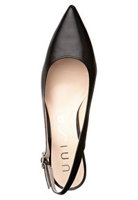 Chaussure à bout pointu en cuir noir avec une texture lisse, talon ouvert et bride réglable. Logo imprimé sur la semelle intérieure.